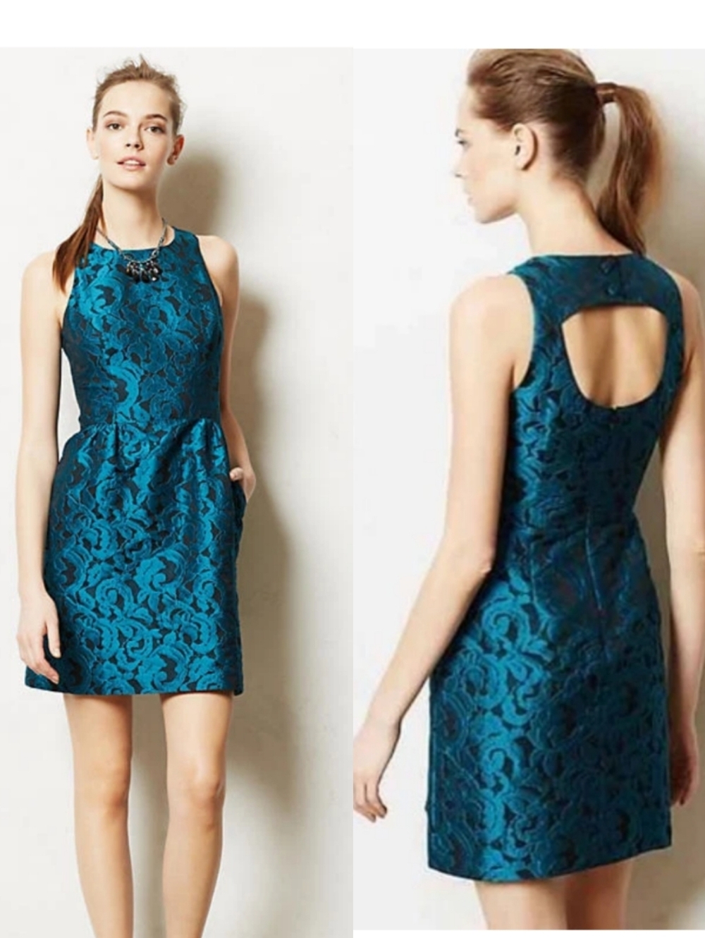 Anthropologie Tabitha Ottava Teal Blue Floral Brocade Cutout Back Mini Dress 8